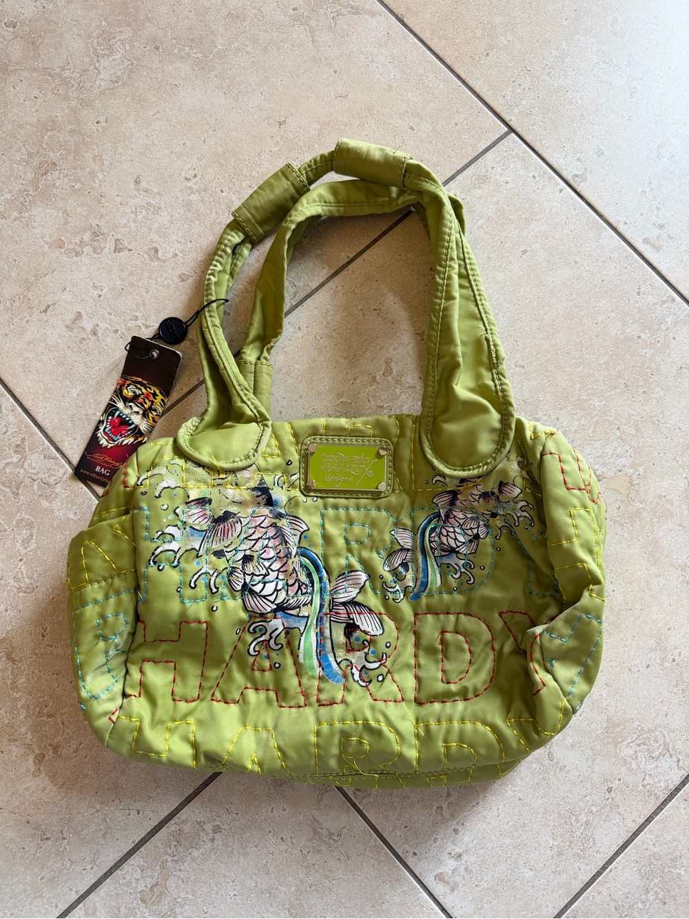 NWT Ed Hardy Lime Green Koi Fish Quilted Satchel Shoulder Bag Y2K Vintage 2000s
